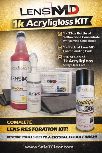 LensMD 1K acryligloss Kit - Contains 32oz YellowGone Hyper Concentrate, 1 can of Acryligloss 1K clear, Foam sanding pads, Free polishing pad while supplies last