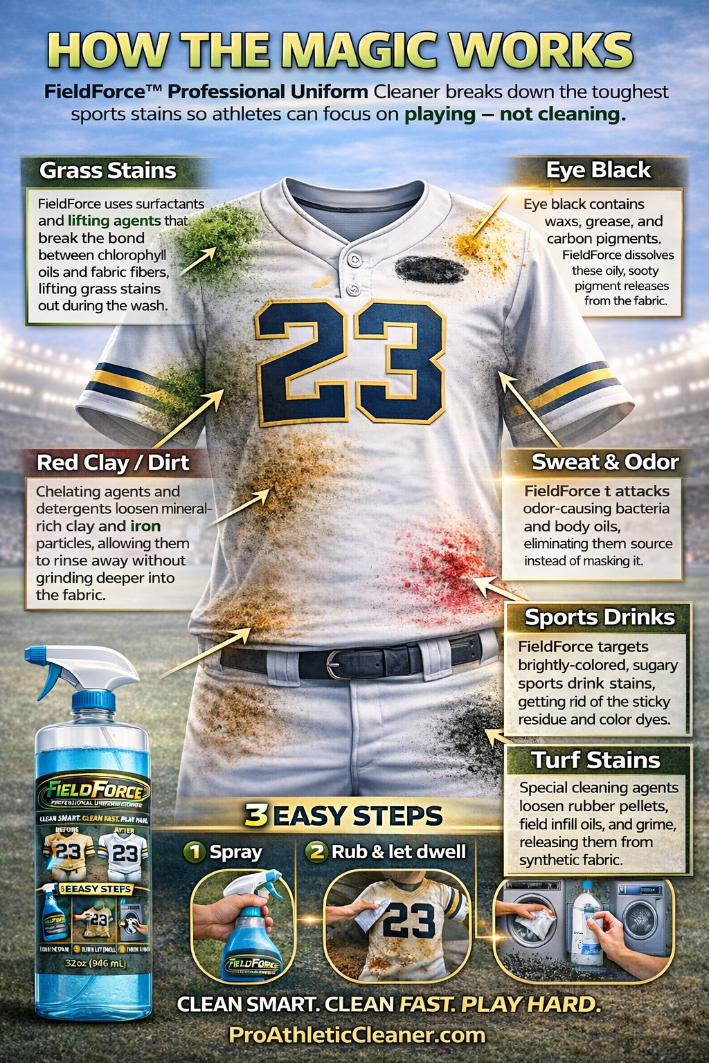 FieldForce Sports Uniform Cleaner - 32oz bottle kit. Comes with spray trigger and Super Scrub Sponge