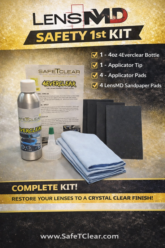 Safety First Kit: Includes - (1) 4oz bottle of 4Everclear, 4 applicators, 2x 800,1200,2000 grit sandpaper and applicator tip. (2 year limited warranty)