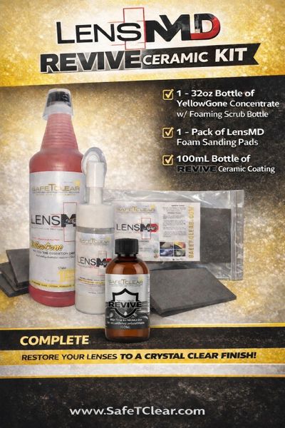 LensMD Revive Ceramic Coating Kit - Contains 32oz YellowGone Hyper Concentrate, 100ml Revive Ceramic Coating, Foam sanding pads, ceramic applicator, Free 3" polishing pad with each kit while supplies last.