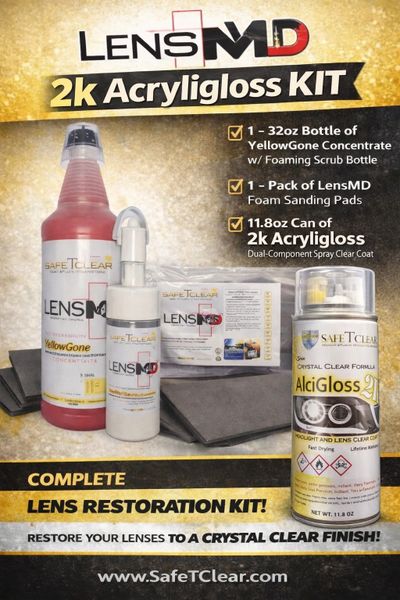LensMD 2K Acryligloss Kit - Contains 32oz YellowGone Hyper Concentrate, 1 can Acryligloss 2K Spray clear, foam sanding pads, Free polishing pad while supplies last.